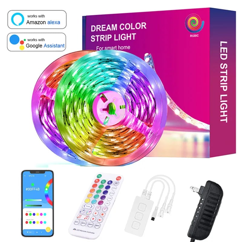 LuaPer LED strip light kit,RGBIC WS2815 addressable LED strip,App and voice control,Google Assistant,Amazon Alexa,Music sync,Customizable length,Vibrant lighting,Home lighting,Party lighting,LED strip light,addressable LED strip,RGBIC,WS2815,voice control,app control,remote control,cuttable,linkable,self-adhesive,IP20 waterproof,home decor,party decor,LuaPer 2023 Version,dream color led strip lights,multiple color led strip
