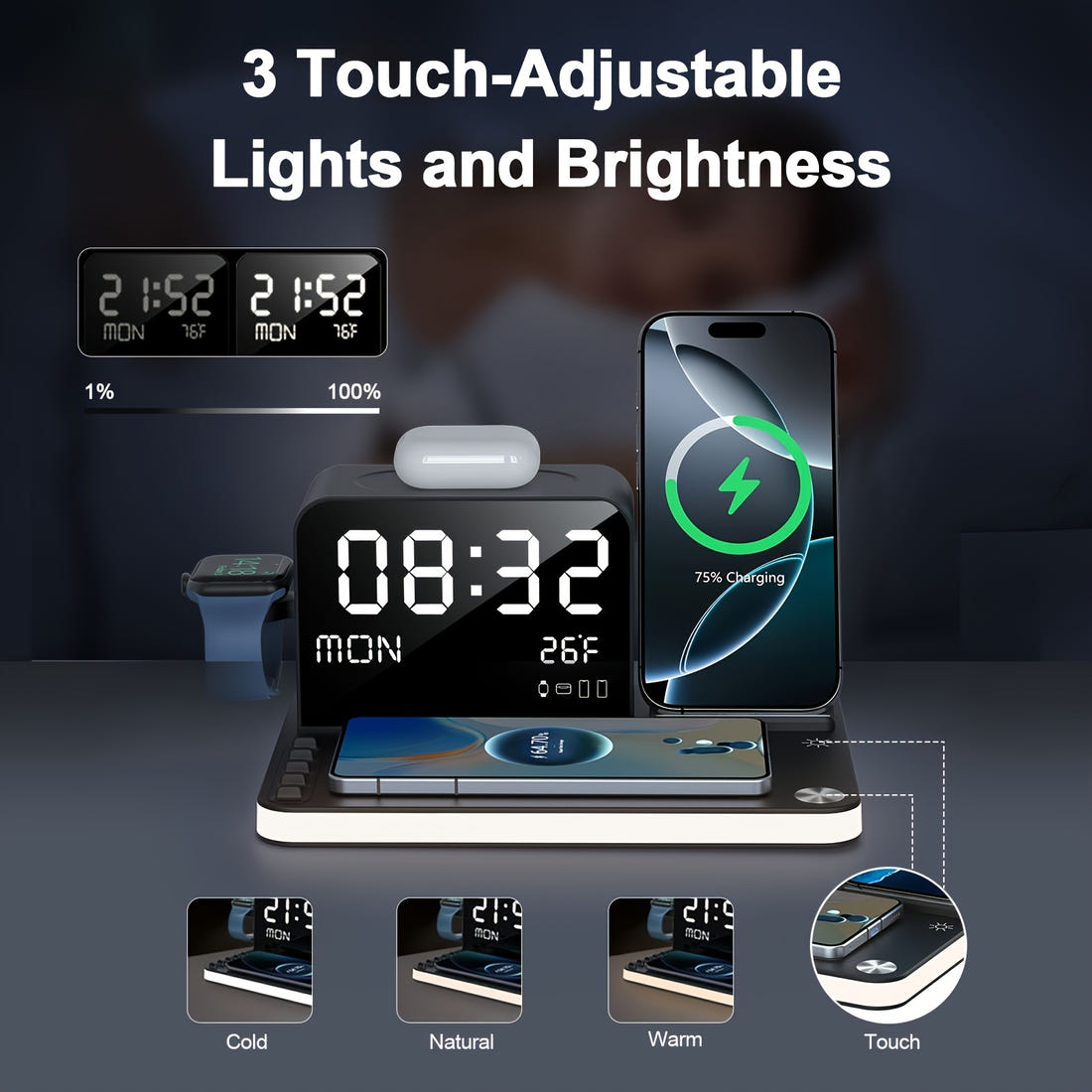 BezosMax 7-in-1 Wireless Charging Station | Fast Charging Dock for iPhone, Apple Watch & AirPods | Nightlight with Time & Temperature Display