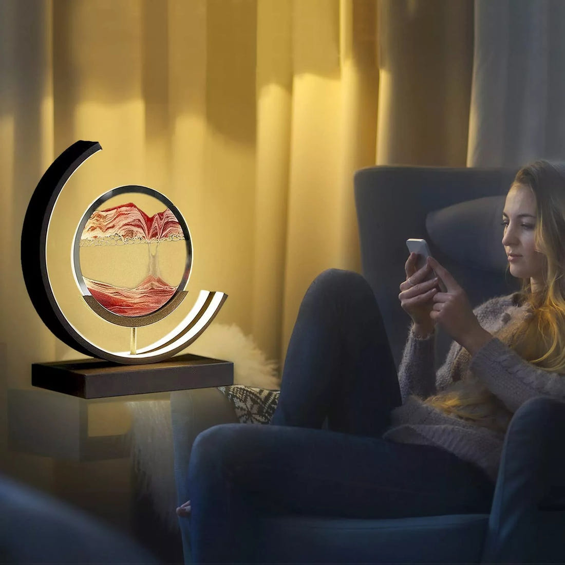 Sand Art Lamp: LED Hourglass Table Lamp with 3D Art Display, Stand & Remote - Perfect Tranquil Home Decor