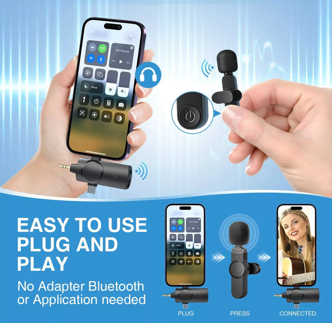 3-in-1 Wireless Lavalier Microphone with Noise Cancellation – Universal Compatibility for Content Creators & Live Streaming
