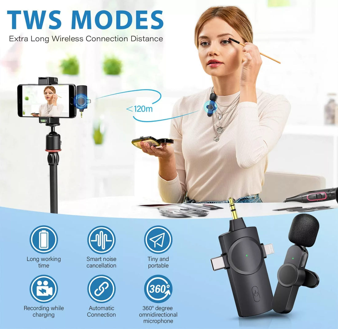 3-in-1 Wireless Lavalier Microphone with Noise Cancellation – Universal Compatibility for Content Creators & Live Streaming