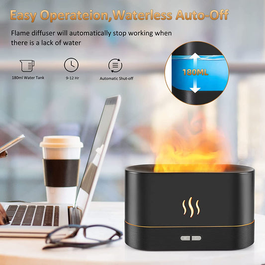 Ultrasonic Flame Diffuser - Aromatherapy & LED Light Show in One Compact Design-Off & 2 Brightness Modes - Perfect for Home, Office, Spa, Gym - 180ml Capacity