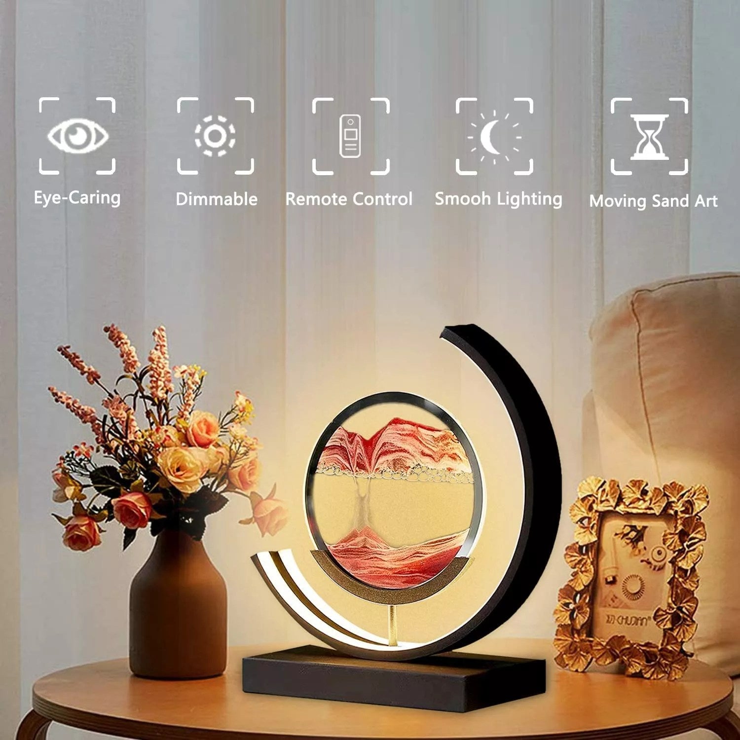 Sand Art Lamp: LED Hourglass Table Lamp with 3D Art Display, Stand & Remote - Perfect Tranquil Home Decor