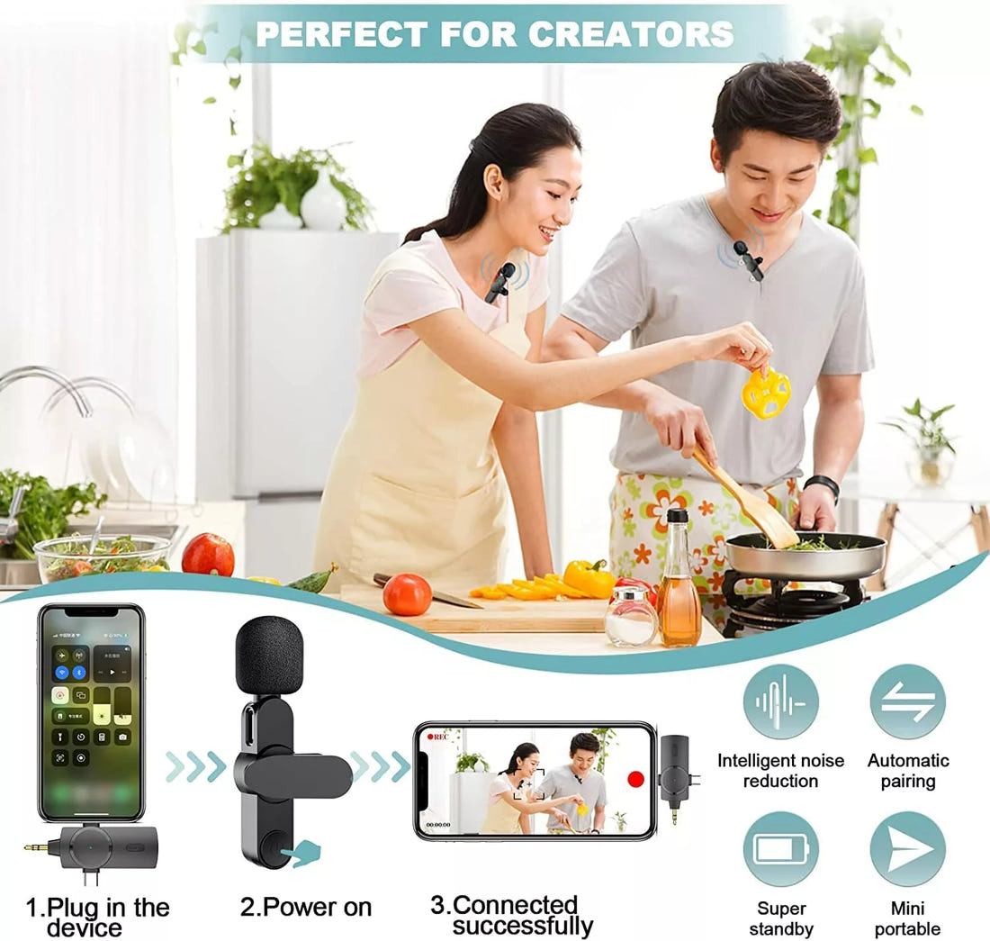 3-in-1 Wireless Lavalier Microphone with Noise Cancellation – Universal Compatibility for Content Creators & Live Streaming