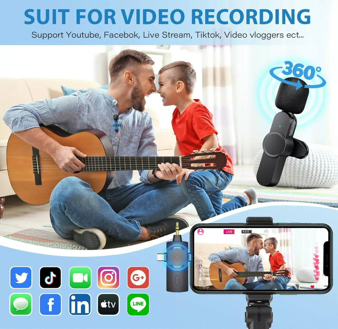 3-in-1 Wireless Lavalier Microphone with Noise Cancellation – Universal Compatibility for Content Creators & Live Streaming