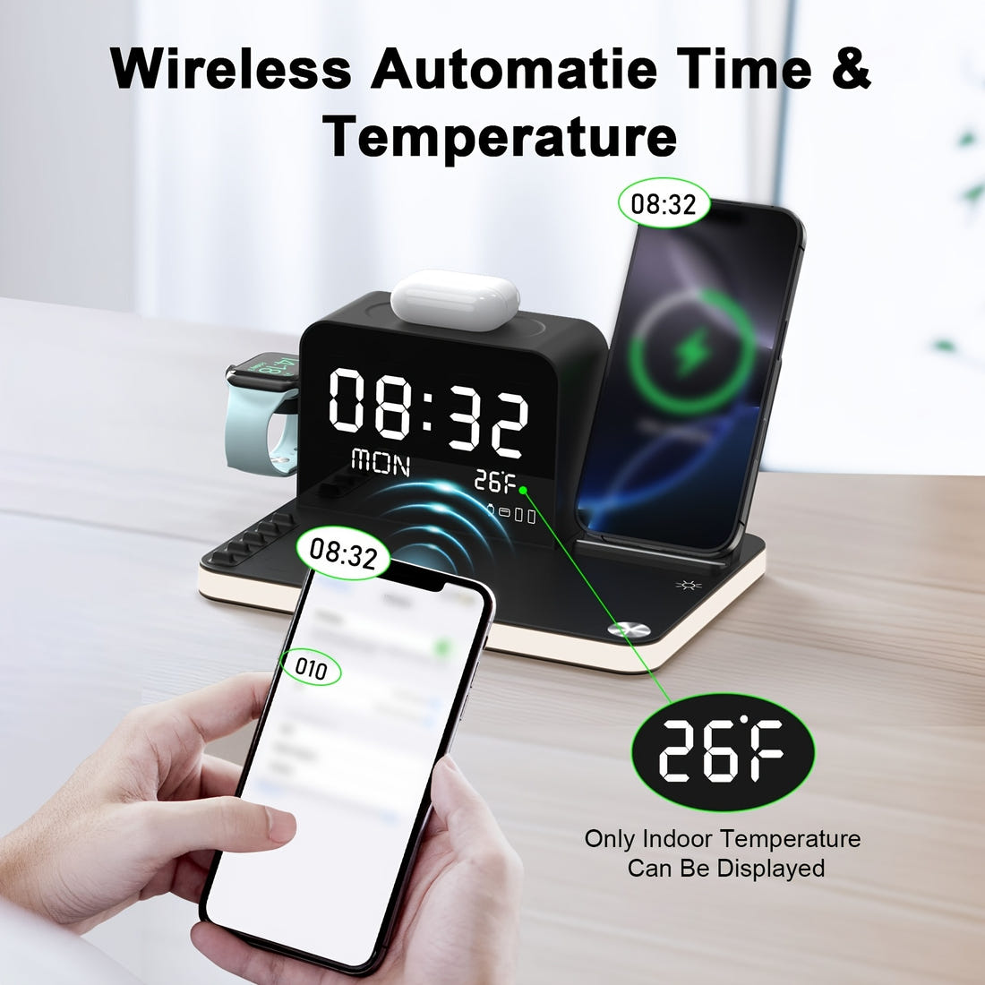 BezosMax 7-in-1 Wireless Charging Station | Fast Charging Dock for iPhone, Apple Watch & AirPods | Nightlight with Time & Temperature Display
