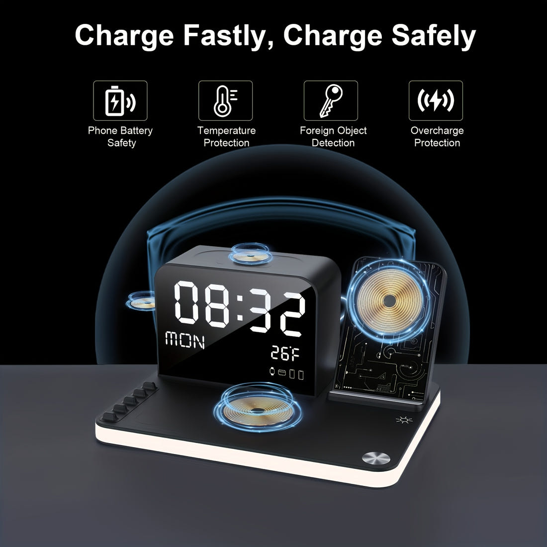 BezosMax 7-in-1 Wireless Charging Station | Fast Charging Dock for iPhone, Apple Watch & AirPods | Nightlight with Time & Temperature Display