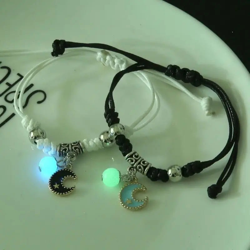 2 pcs of Luminous Cartoon Pattern Pendant Adjustable String Couple's Bracelets, Bff Trendy Jewelry Gifts