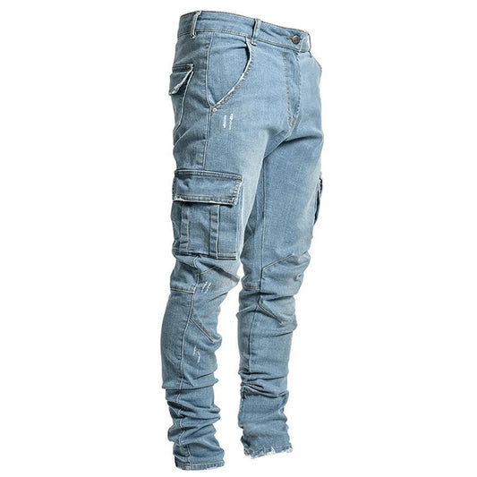 Fashion Streetwear Ripped Skinny Jeans Men Side Mulit Pockets Denim Cargo Pants Slim Fit Pantalones Hombre Soft Elastic Joggers