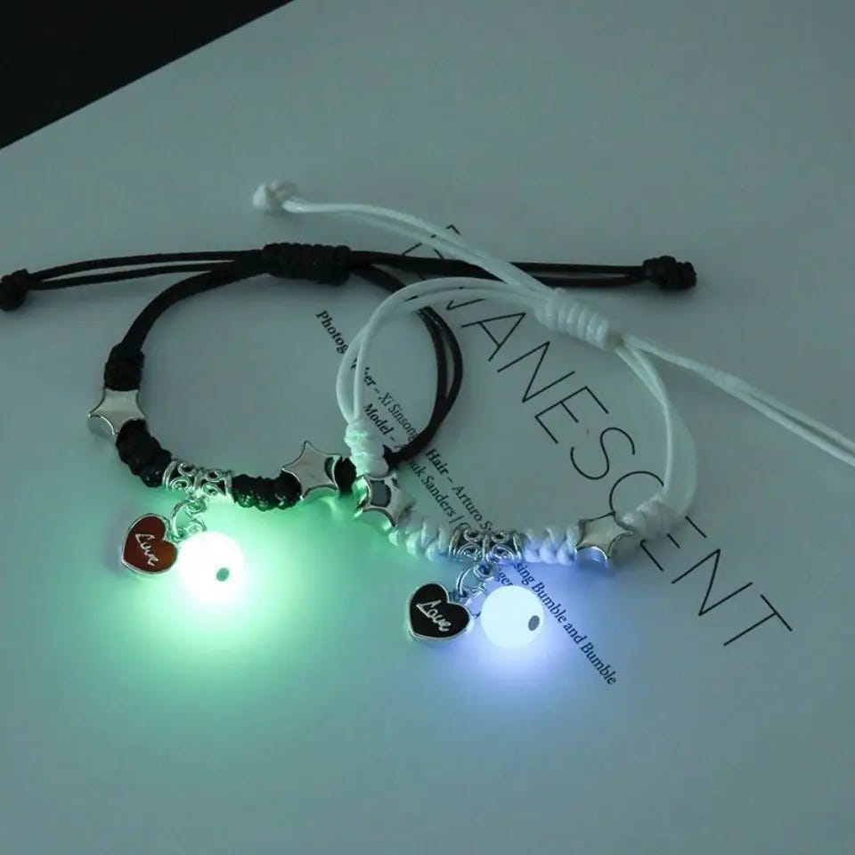2 pcs of Luminous Cartoon Pattern Pendant Adjustable String Couple's Bracelets, Bff Trendy Jewelry Gifts