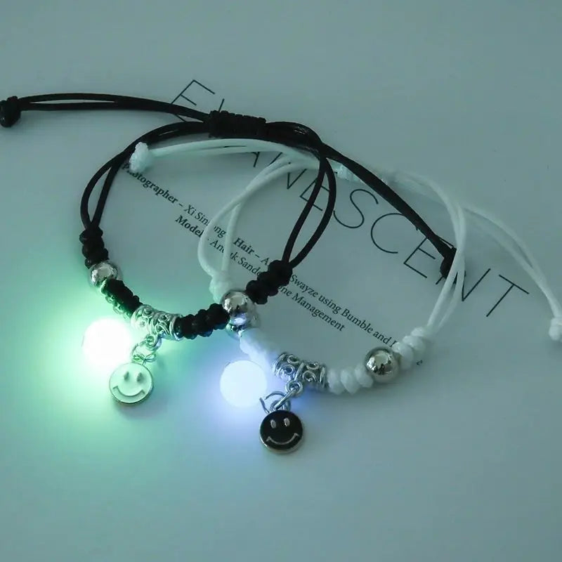 2 pcs of Luminous Cartoon Pattern Pendant Adjustable String Couple's Bracelets, Bff Trendy Jewelry Gifts