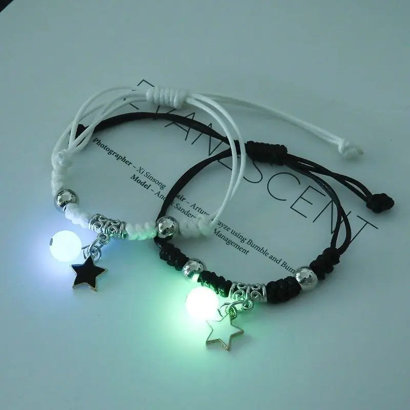 2 pcs of Luminous Cartoon Pattern Pendant Adjustable String Couple's Bracelets, Bff Trendy Jewelry Gifts