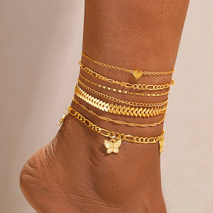 7pc/set Bohemian Rice Beads Starfish Pendant Anklet Set Fashion Summer Beach Sea Shell Multilayer Ankle Bracelet On Foot Jewelry