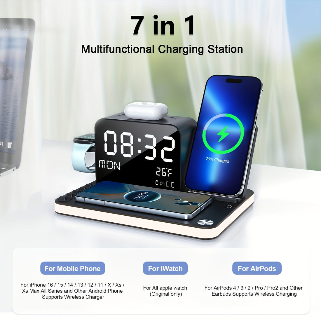 BezosMax 7-in-1 Wireless Charging Station | Fast Charging Dock for iPhone, Apple Watch & AirPods | Nightlight with Time & Temperature Display