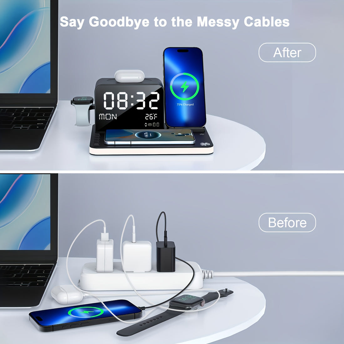 BezosMax 7-in-1 Wireless Charging Station | Fast Charging Dock for iPhone, Apple Watch & AirPods | Nightlight with Time & Temperature Display