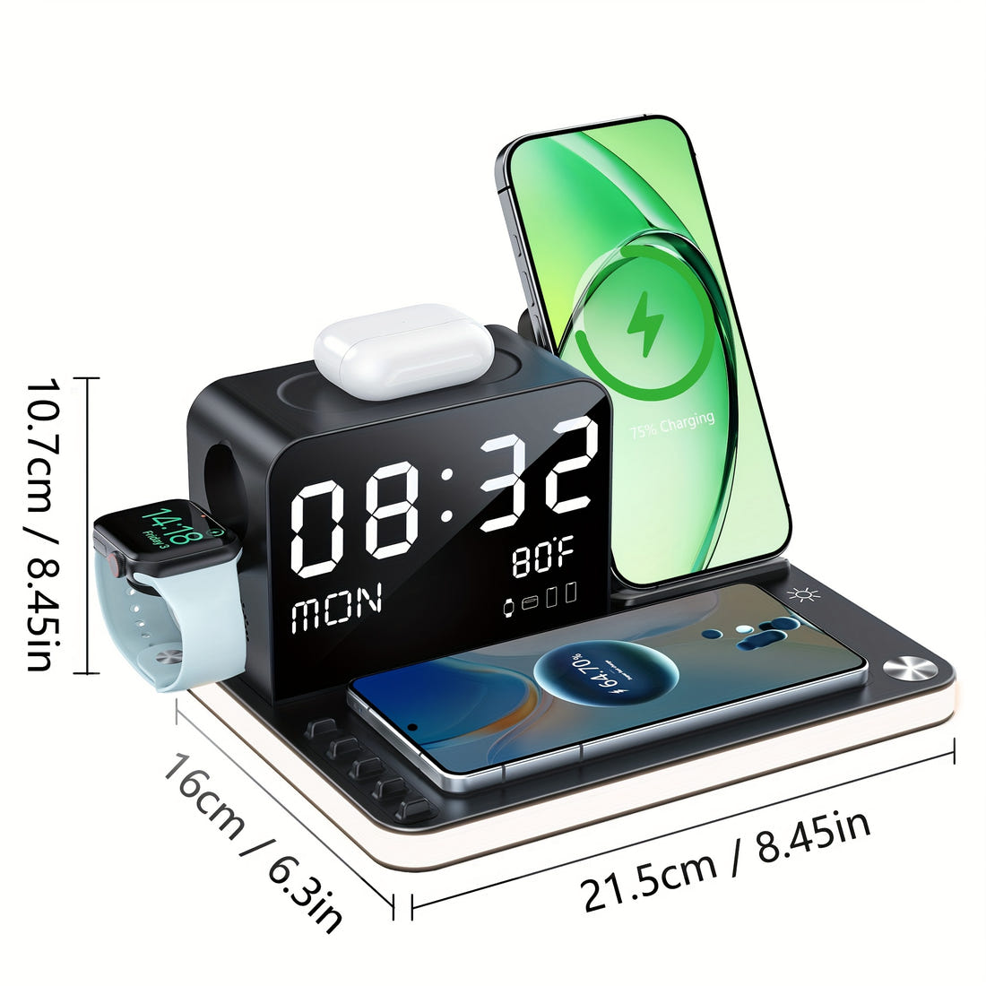 BezosMax 7-in-1 Wireless Charging Station | Fast Charging Dock for iPhone, Apple Watch & AirPods | Nightlight with Time & Temperature Display