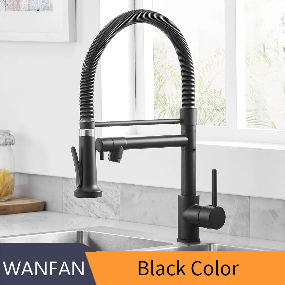 Kitchen Faucets Brush Brass Faucets for Kitchen Sink  Single Lever Pull Down Spring Spout Mixers Tap Hot Cold Water Crane 9009