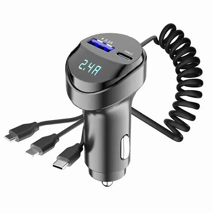 55W 2 Ports USB Fast Car Phone Charger 3.1A with Voltage Display Car Three In One USB Retractable Charging Cable