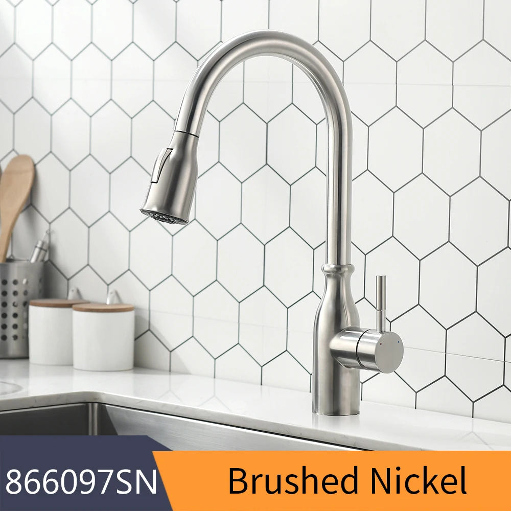 Kitchen Faucets Brush Brass Faucets for Kitchen Sink  Single Lever Pull Down Spring Spout Mixers Tap Hot Cold Water Crane 9009