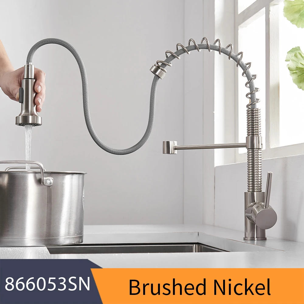 Kitchen Faucets Brush Brass Faucets for Kitchen Sink  Single Lever Pull Down Spring Spout Mixers Tap Hot Cold Water Crane 9009